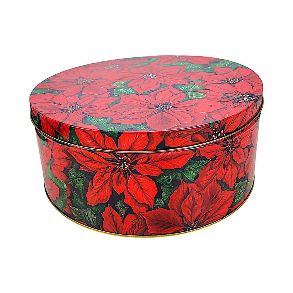 Red Poinsettia Floral Covered Christmas Metal Tin Round Containers, Set of 3 - Picture 3 of 9